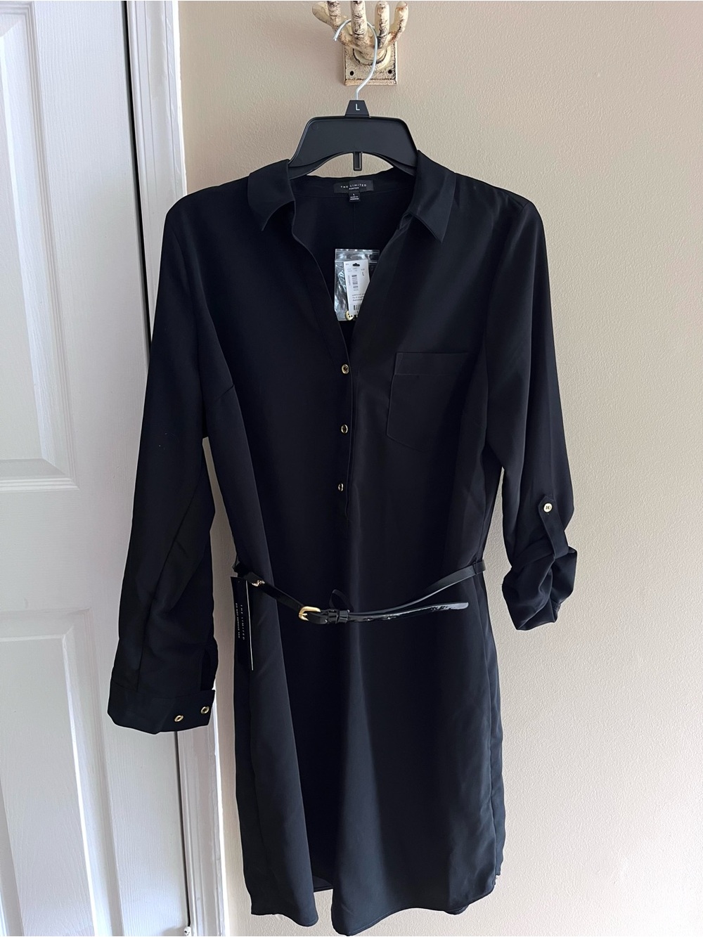 The Limited Classic Black Long-Sleeve Shirt Dress with Belt